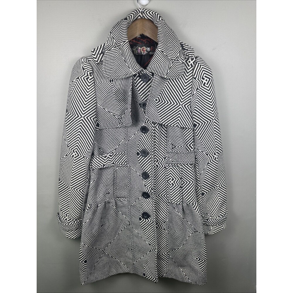 Desigual Women's White Black Geometric Steampunk Trench Coat Fully Lined Size 40